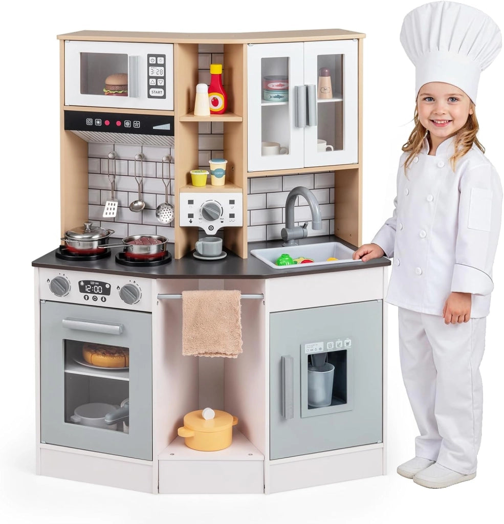 Cucina Giocattolo per Bambini, Cucinetta in Legno con Suoni e Luci, Fornello, Lavandino, Macchina del Caffè, Gioco Cucina di Ruolo per Bambini 3+ Anni (Grigio)