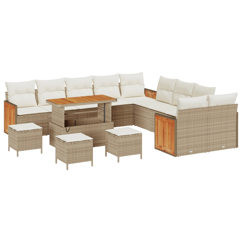Set da Divano da Giardino  14 Pezzi con Cuscini Beige Polyrattan Acacia