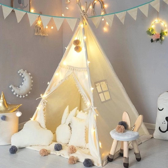 Tenda tipi per bambini con materasso, striscione e palla di gomma - Tenda per bambino in canapa beige per decorazione della camera da letto