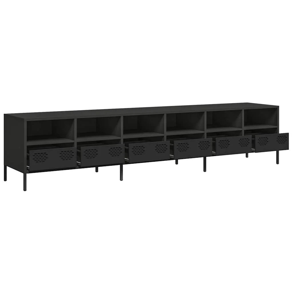 Mobile porta TV moderno nero con ampio spazio contenitivo 202 x 39 x 43 cm realizzato in acciaio laminato a freddo nero 02_0055638