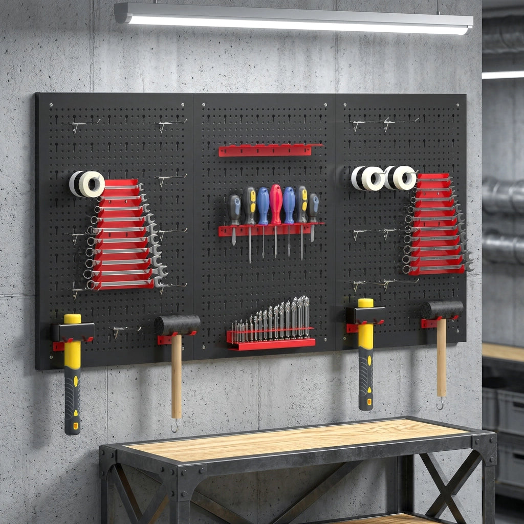 Set 3 Pannelli Porta Attrezzi da Parete in Acciaio con 9 Supporti e 16 Ganci. Nero e Rosso