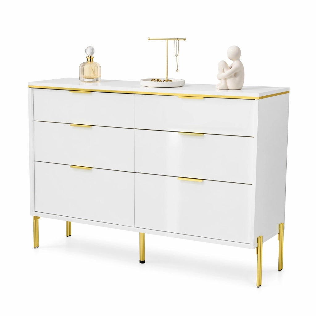 Sideboard moderno a 6 cassetti 120 cm bianco con frontali lucidi e dettagli oro
