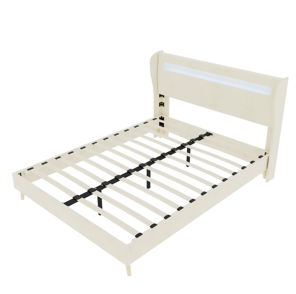 Letto imbottito ULEVR 140x200 cm con testiera regolabile e illuminazione LED a colori, beige