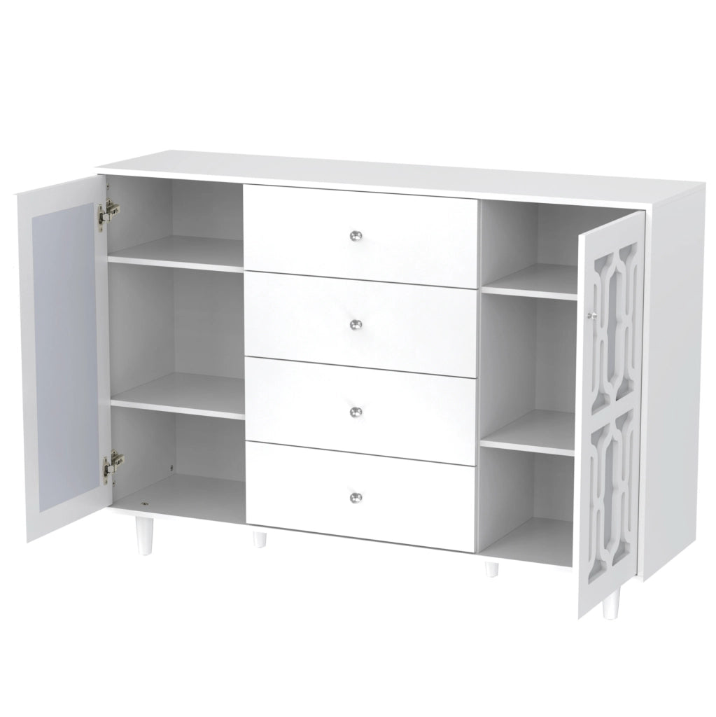 Credenza 147,5 x 40 x 102 cm bianca – frontale a specchio, 4 cassetti