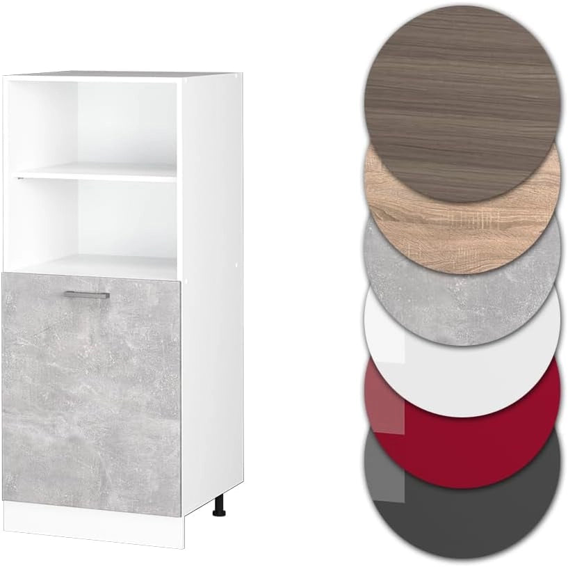 Dispensa universale R-Line, Calcestruzzo, 60 cm con ripiani aperti e anta, per la conservazione di utensili domestici e per la pulizia