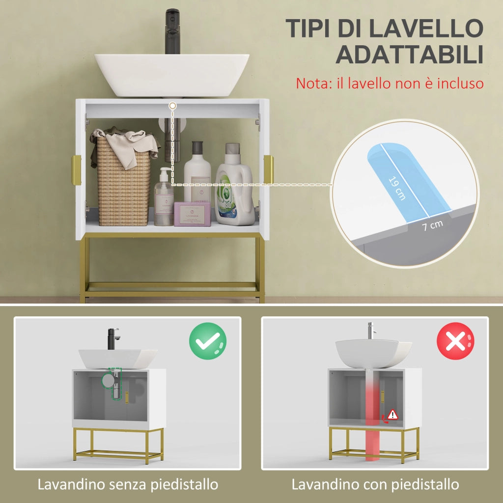 Mobile Bagno Sottolavabo con Armadietto 2 Ante in Legno e Acciaio. 60x30x65cm. Bianco e Oro