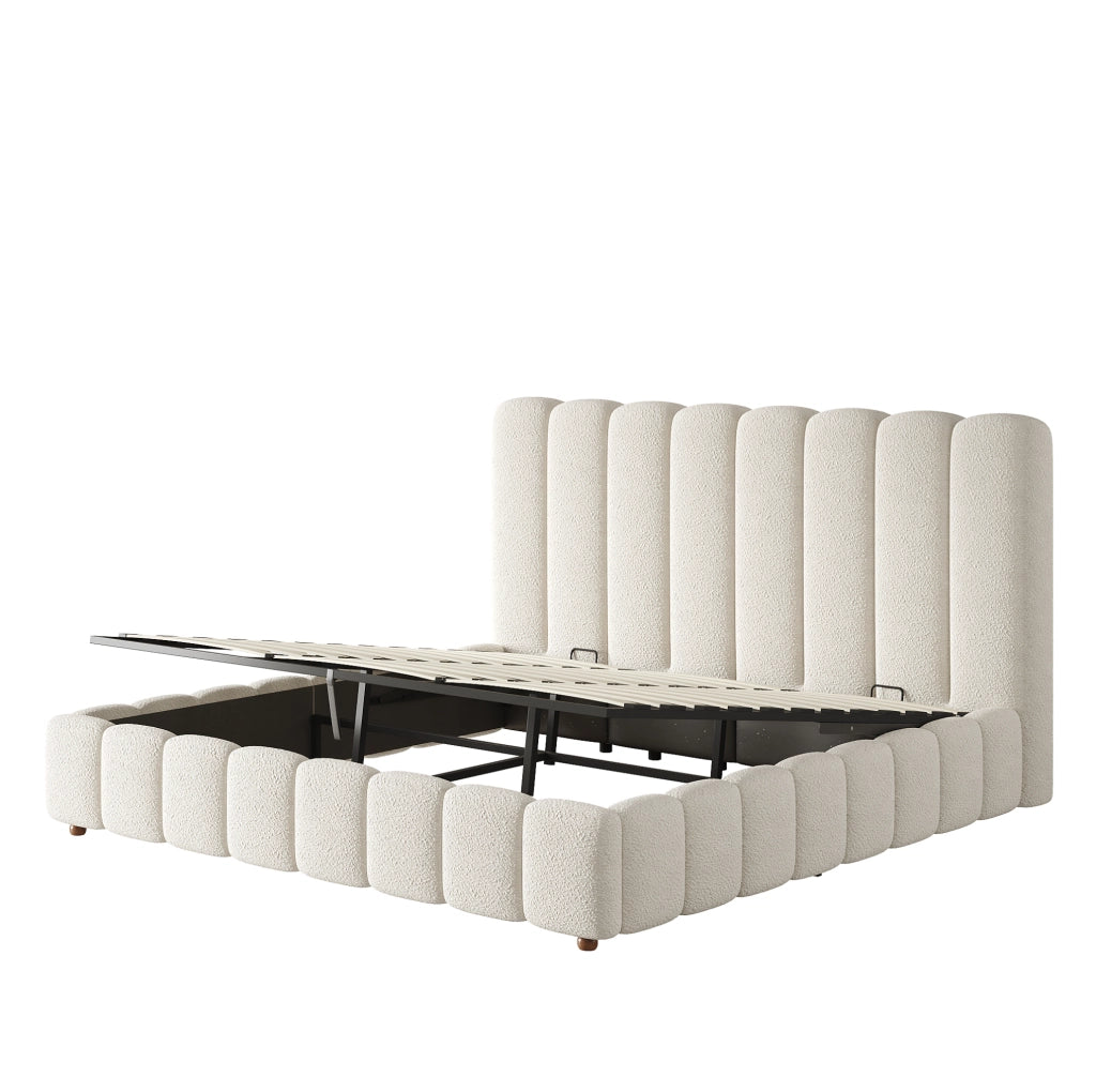 Letto matrimoniale 200x200 cm con contenitore idraulico; testiera imbottita; bouclé bianco