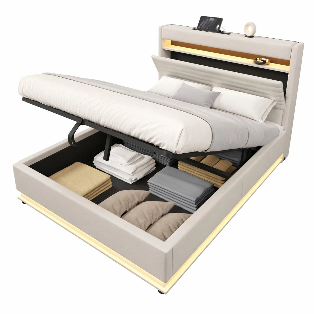 Letto imbottito 140 ¡Á 200 cm con vano contenitore idraulico LED USB e Type-C in lino beige