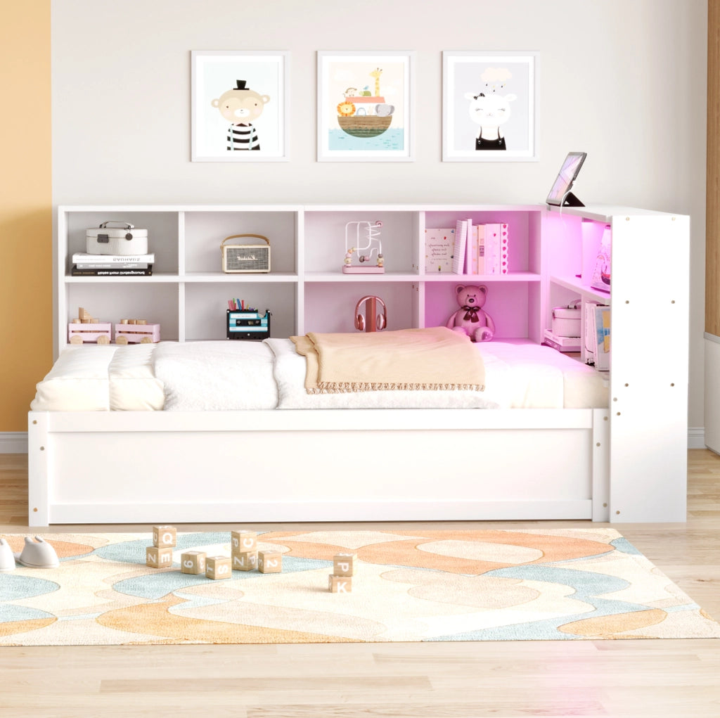 Letto 90x200 cm con prese multifunzione; LED e vani portaoggetti in legno bianco