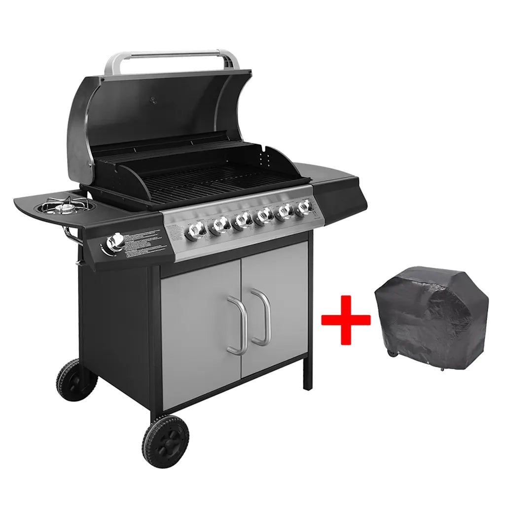 Barbecue e Griglia a Gas 6+1 Fornelli Nero e Argento  cod mxl 17370