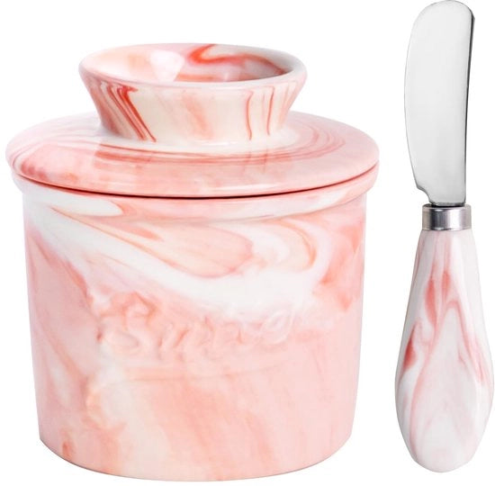 Piatto di burro in ceramica con coperchio e cucchiaio, contenitore per burro - ideale per il contenimento del burro e per il piano di lavoro (marcato con cucchiaio a marcia, M)