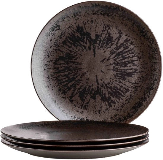 Piatti Metallic Brons, Piatti grandi rotondi con elegante smalto lucido in un set di 4, anche come piatti per pizza, piatti da servizio e piatti decorativi, 4 piatti giganti in ceramica di alta qualità, steatite, marrone