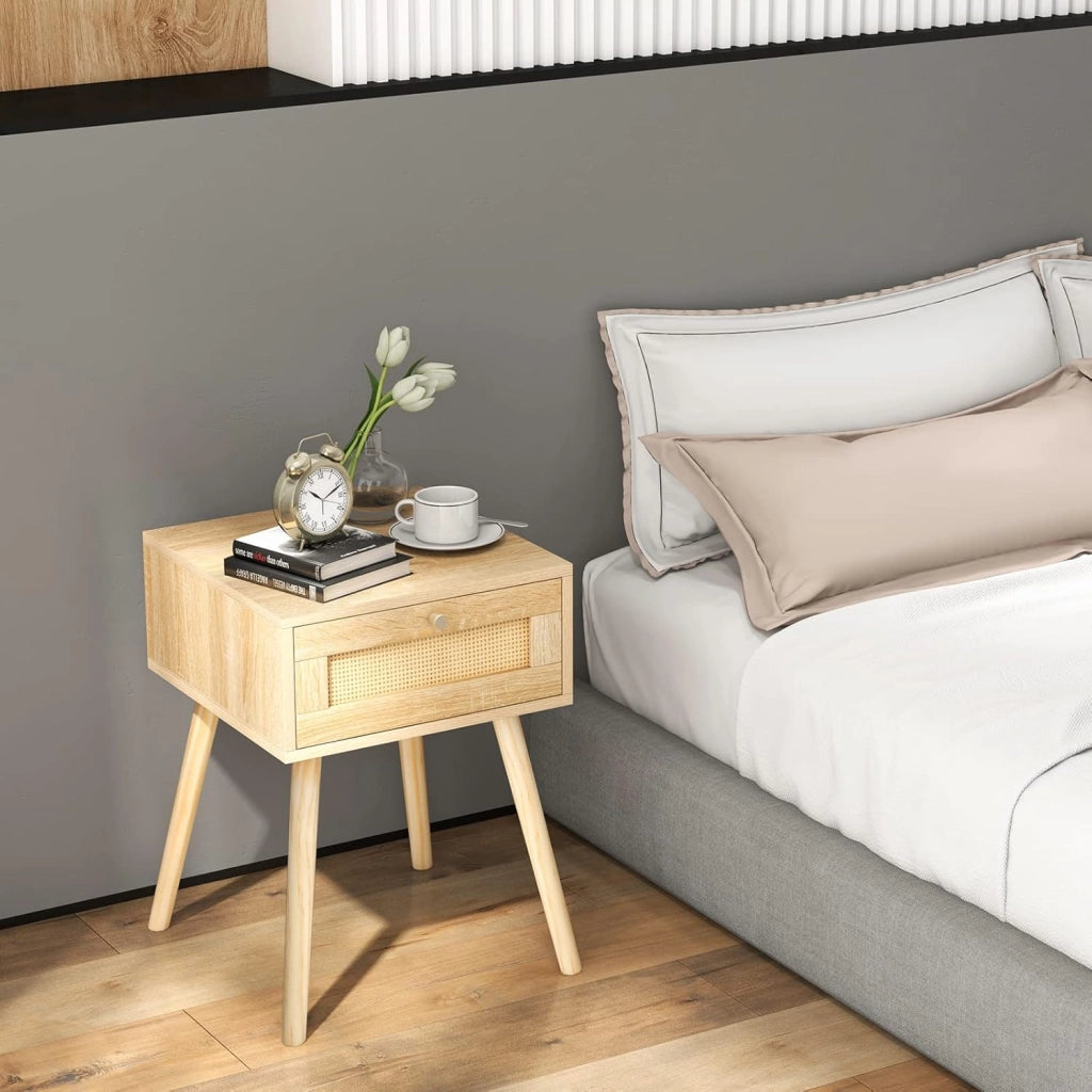 Comodino con porta in rattan, tavolino in legno con stile moderno, mobile laterale decorativo con cassetto, adatto per camera da letto, soggiorno, 40 x 40 x 55 cm, naturale