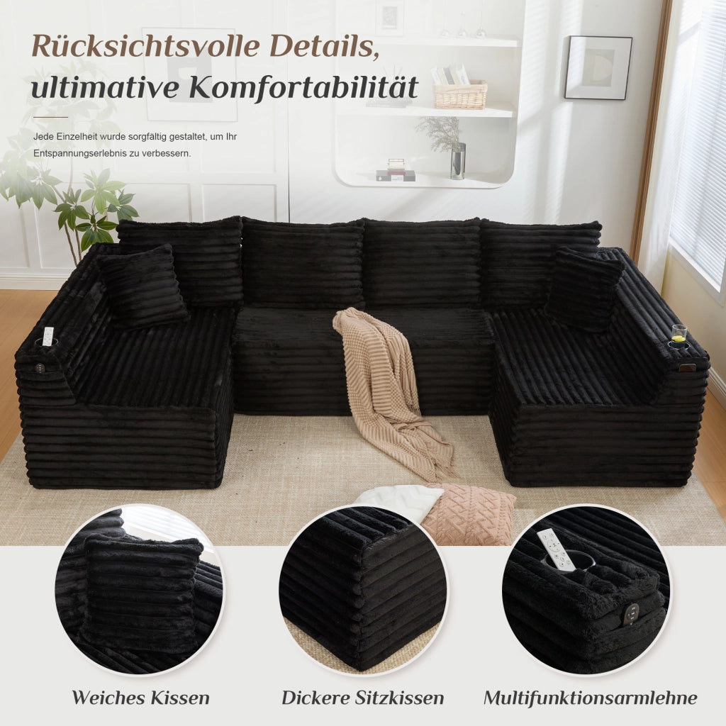 Divano modulare a U con portabicchieri e tasche laterali in velluto a coste nero con 4 cuscini 320 × 155 × 88 cm