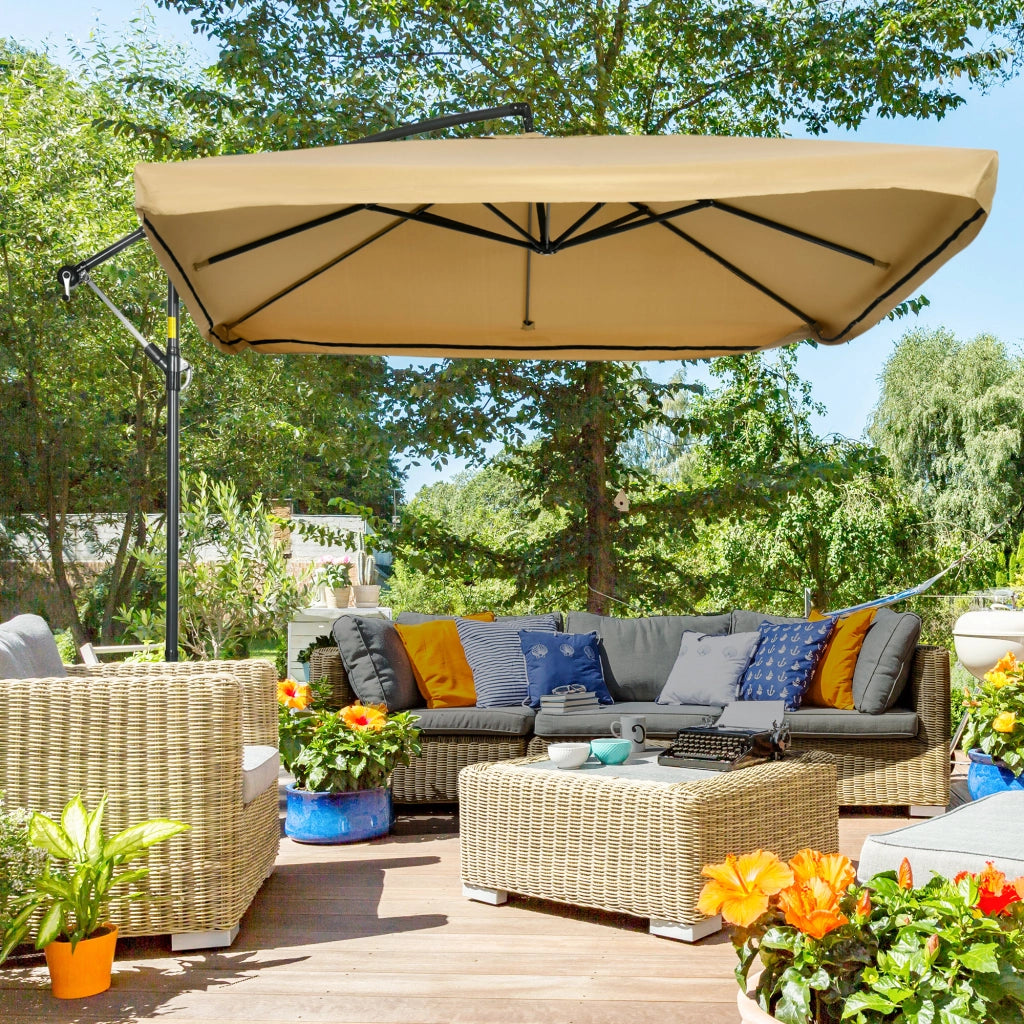 Ombrellone da Giardino a Braccio Inclinabile 295x295x260 cm Apertura a Manovella e Zanzariera Beige