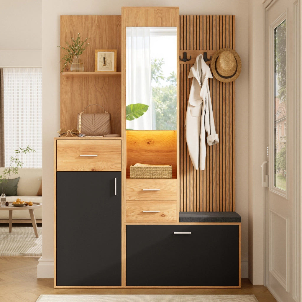 Mobile ingresso con specchio, scarpiera a ribalta, cassetti e seduta, per ingresso, nero naturale, 120 × 32 × 178 cm