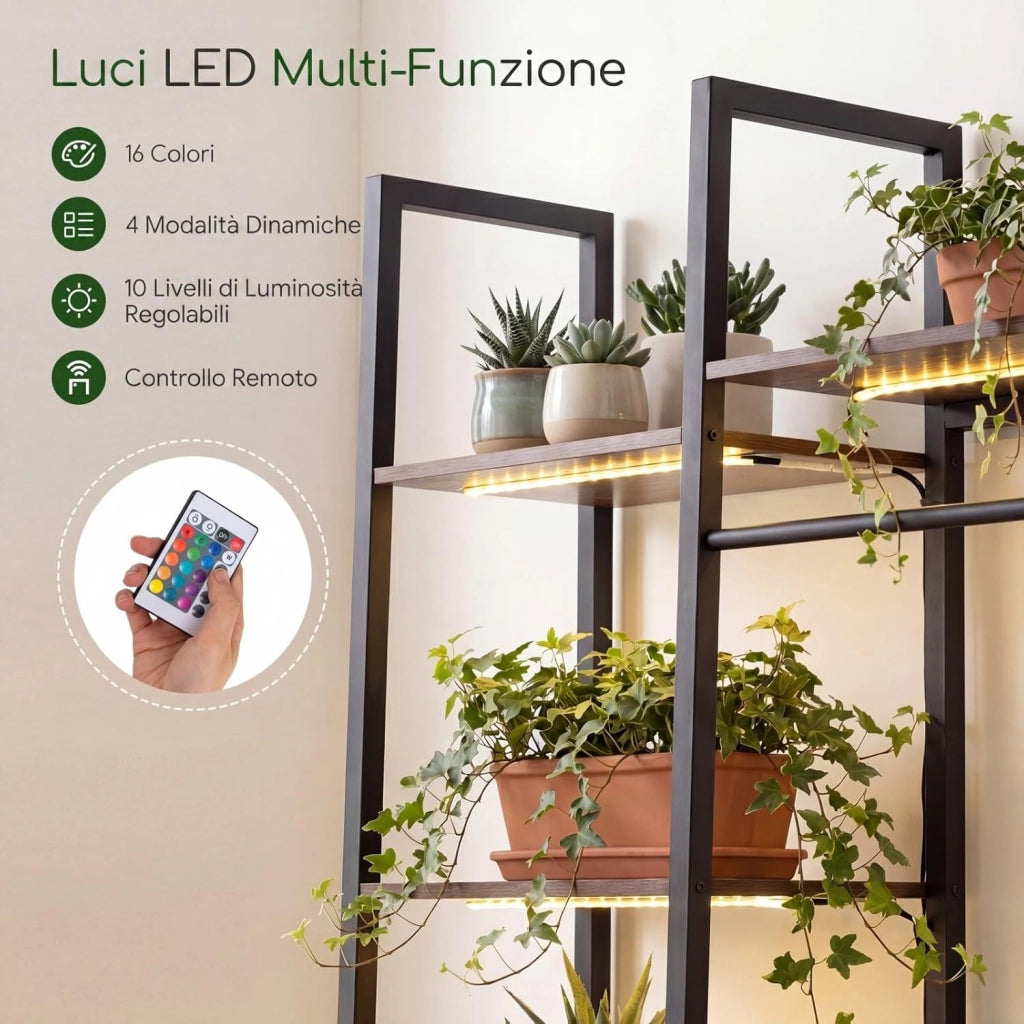 Scaffale Portapiante con Luci Regolabili, Scaffale Portavasi a 10 Ripiani con Telecomando e 4 Modalità d'Illuminazione, Portafiori da Interno ed Esterno in Legno e Metallo, Marrone