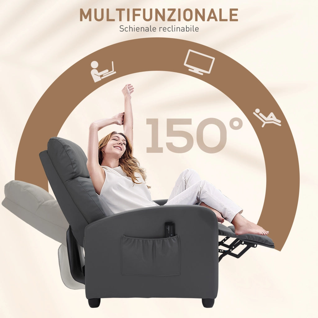 Poltrona Relax Massaggiante Reclinabile ¨C Xylo ¨C Elettrica con Poggiapiedi e Telecomando, Grigio, 68x88x98cm