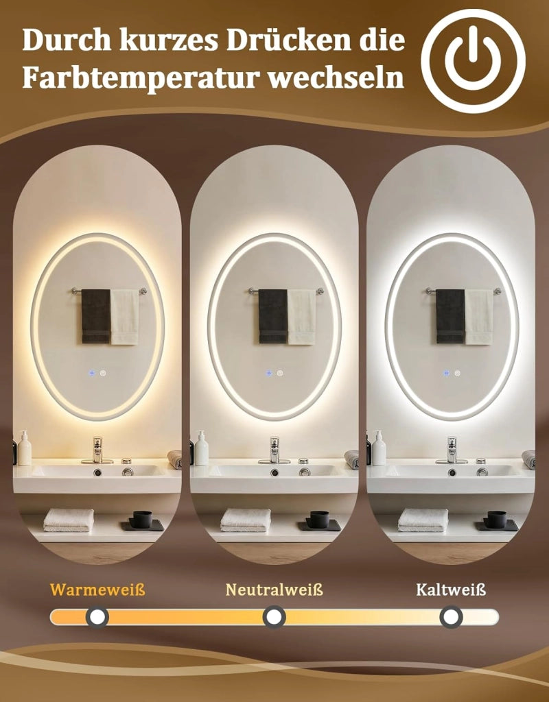 ZMH Specchio da bagno ovale con illuminazione LED 50x70 cm a parete IP44 touch antiappannamento dimmerabile 3000K-6500K