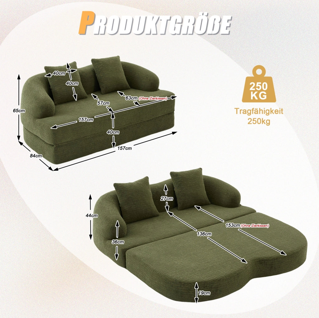 Divano letto pieghevole in chenille verde, design multifunzionale per ambienti moderni
