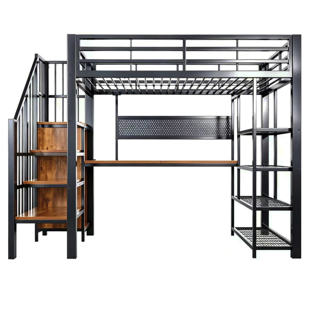 Letto a soppalco 90 × 200 cm 1 posto con scrivania, mensole, LED, prese e contenitore, senza materasso, nero
