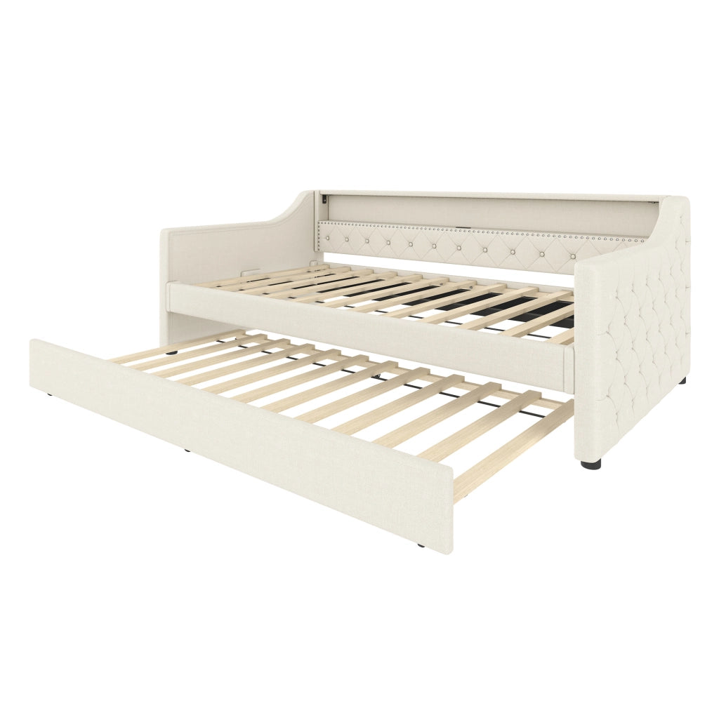 Letto da giorno 90x200 cm con LED; letto estraibile e USB in lino beige