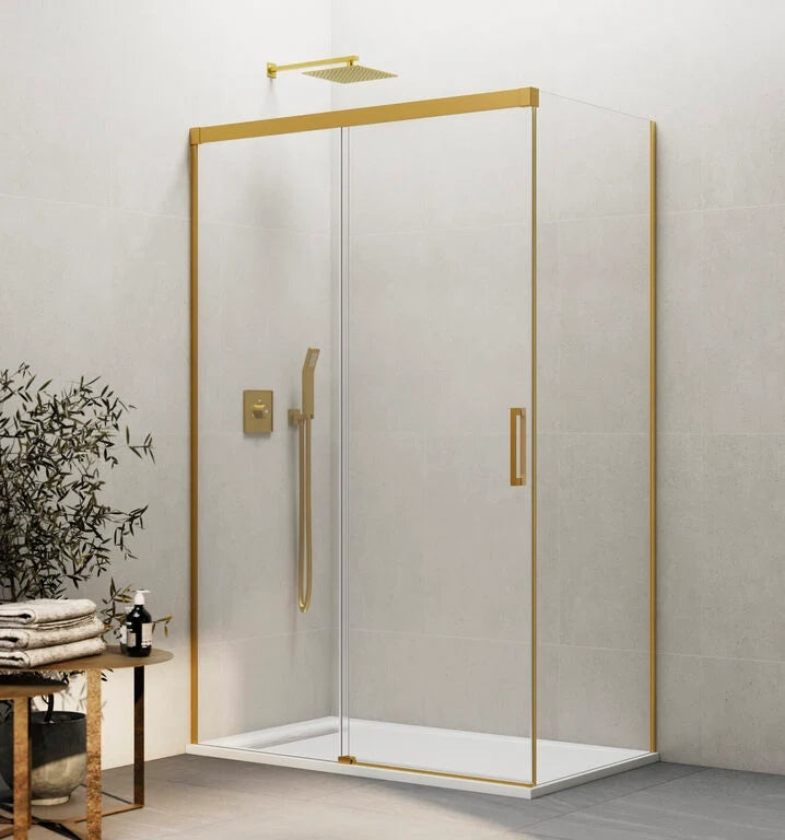 Box doccia angolare BASIC fisso + scorrevole + laterale fisso 150x70 cm (145-150/66,5-69) oro lucido vetro trasparente