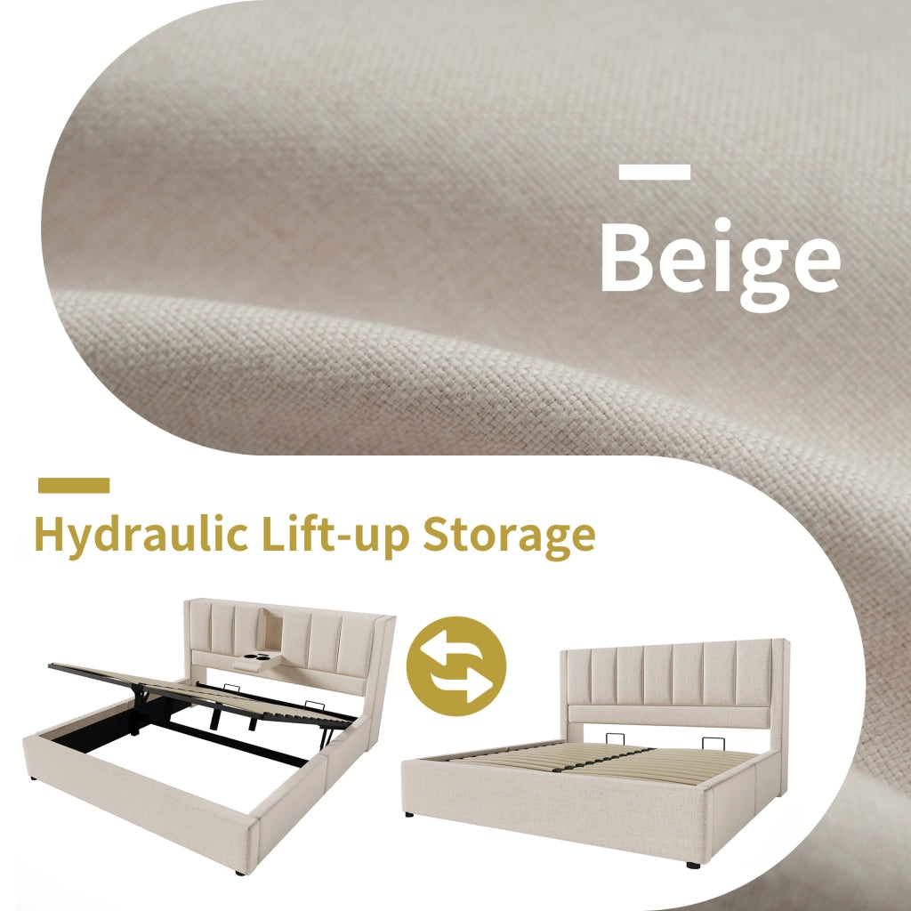 Letto contenitore matrimoniale 140×200 cm con testiera; portabicchieri; USB e Type-C; materasso incluso; lino; beige