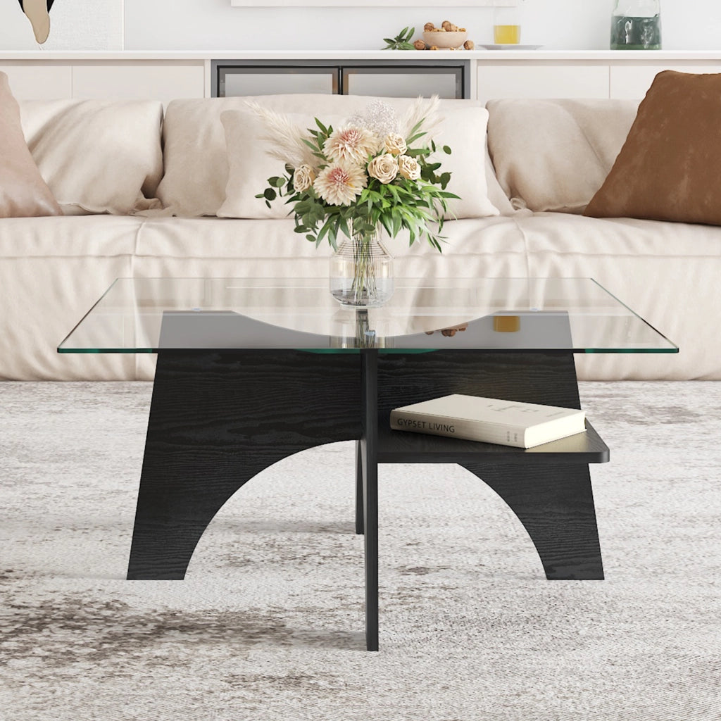 TAVOLINO quadrato 80x80 cm in vetro di sicurezza e MDF nero
