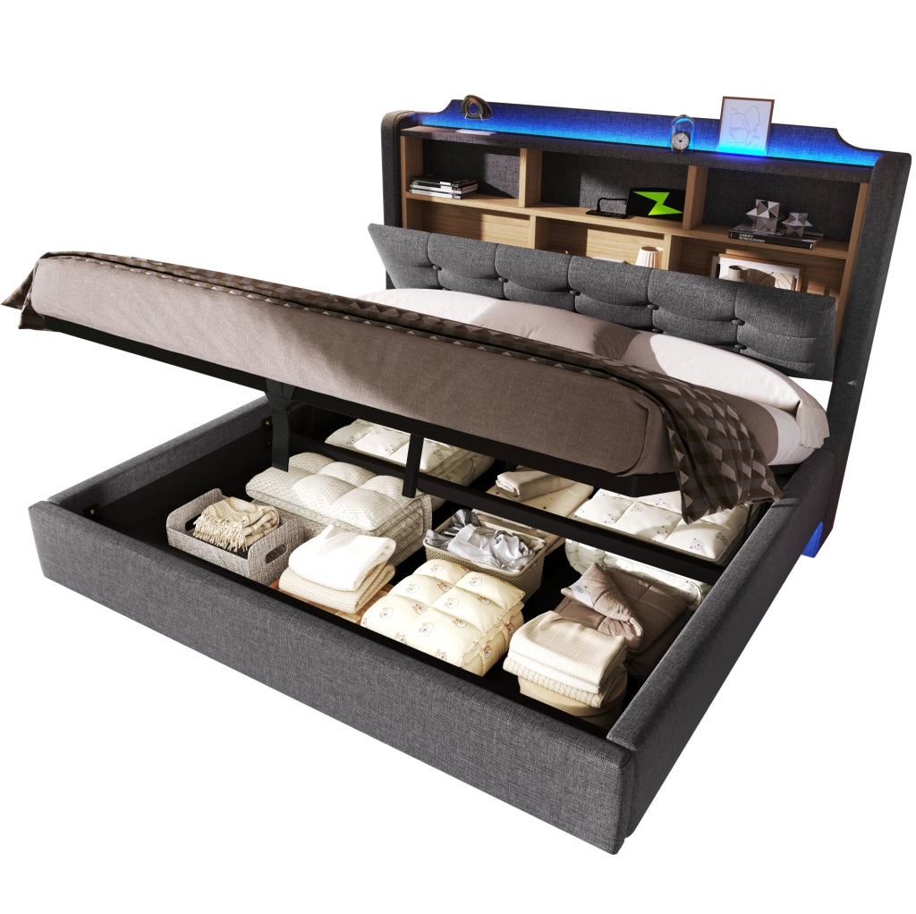 Letto imbottito 140x200 cm con LED, vano contenitore idraulico e prese USB
