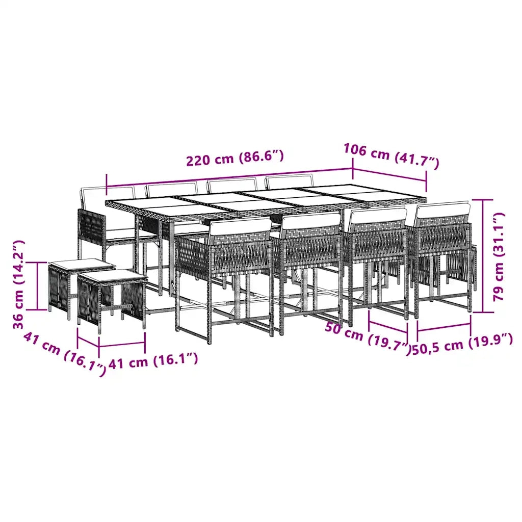 Set Pranzo da Giardino 13 pz con Cuscini Beige Misto Polyrattan