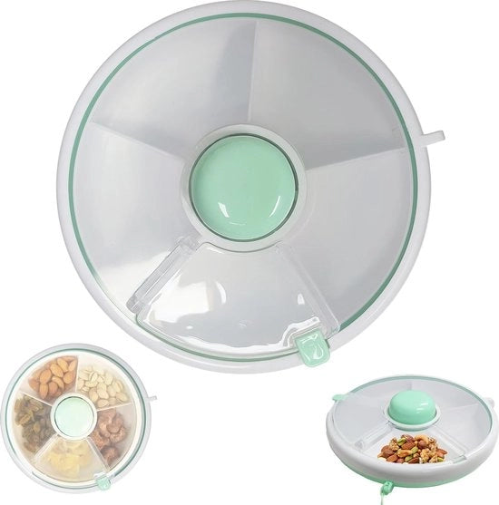 Spinner per snack con coperchio, contenitore per snack con compartimenti rotanti a 5 sezioni, spinner per snack per noci, spezie secche, dolcetti, noci, frutta, verdura, verdure.