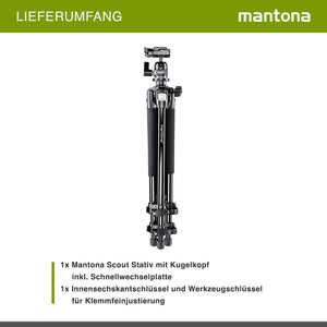 Mantona Basic Scout Treppiede fotografico , treppiede per fotocamera fino a 144 cm, con robusta testa a sfera, livella a bolla, colonna centrale reversibile, 17990, altezza di lavoro: 142 cm