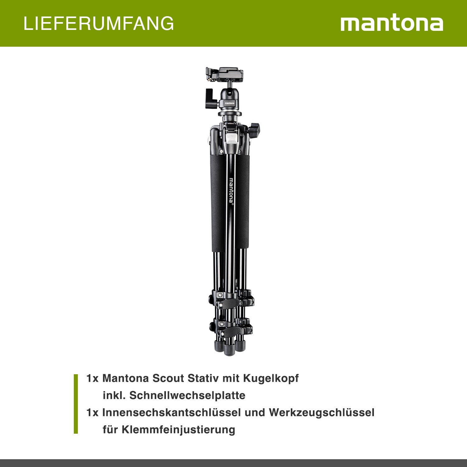 Mantona Basic Scout Treppiede fotografico , treppiede per fotocamera fino a 144 cm, con robusta testa a sfera, livella a bolla, colonna centrale reversibile, 17990, altezza di lavoro: 142 cm