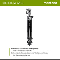 Mantona Basic Scout Treppiede fotografico , treppiede per fotocamera fino a 144 cm, con robusta testa a sfera, livella a bolla, colonna centrale reversibile, 17990, altezza di lavoro: 142 cm