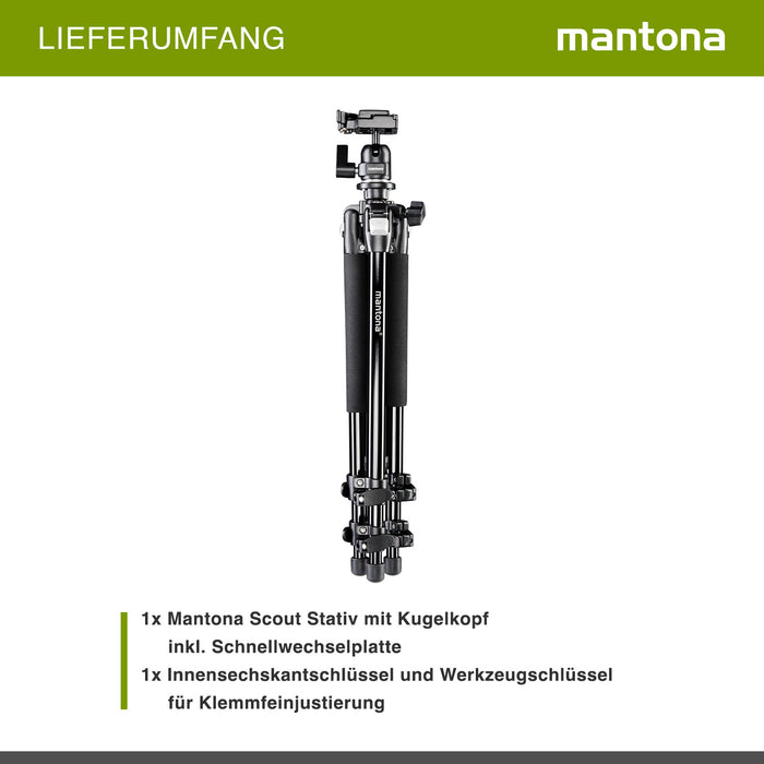 Mantona Basic Scout Treppiede fotografico , treppiede per fotocamera fino a 144 cm, con robusta testa a sfera, livella a bolla, colonna centrale reversibile, 17990, altezza di lavoro: 142 cm