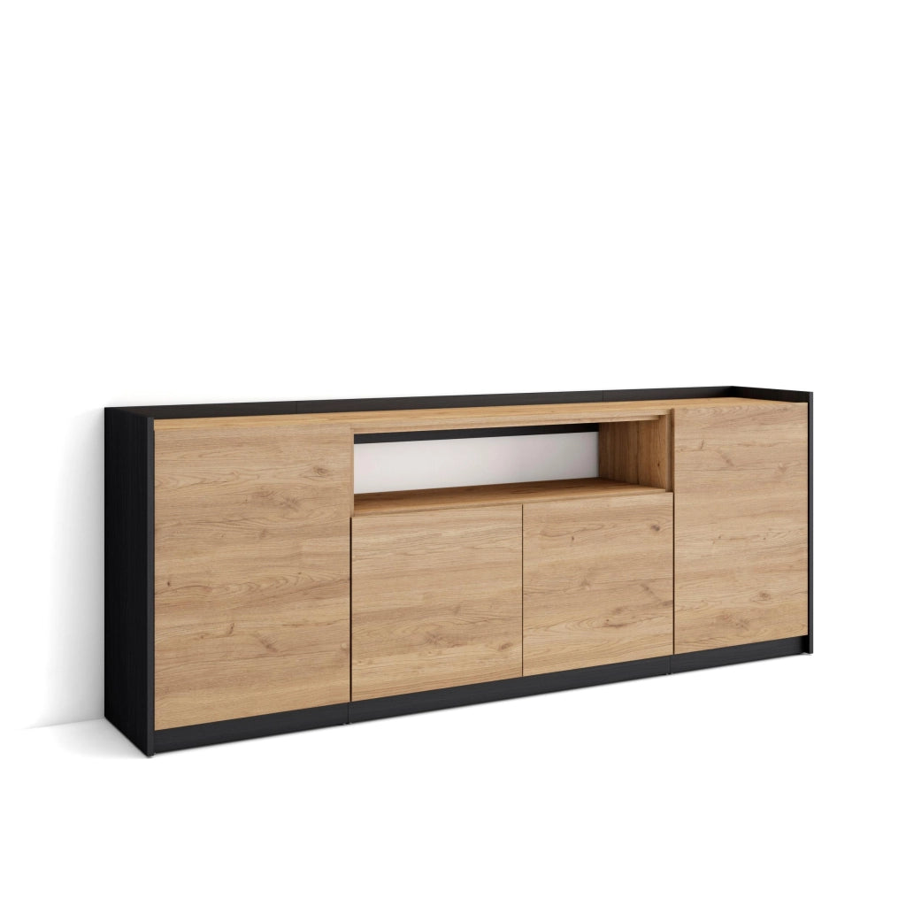 Credenza, Mobile, Cucina, 207x80x37 cm, 4 Porte, grande stoccaggio, Rovere e nero