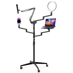 Supporto da terra 4in1 con 1 asta per microfono + 3 bracci articolati per accessori, con morsetto e ring light a 3 modalità, treppiede con rotelle per fotocamera per dirette e live