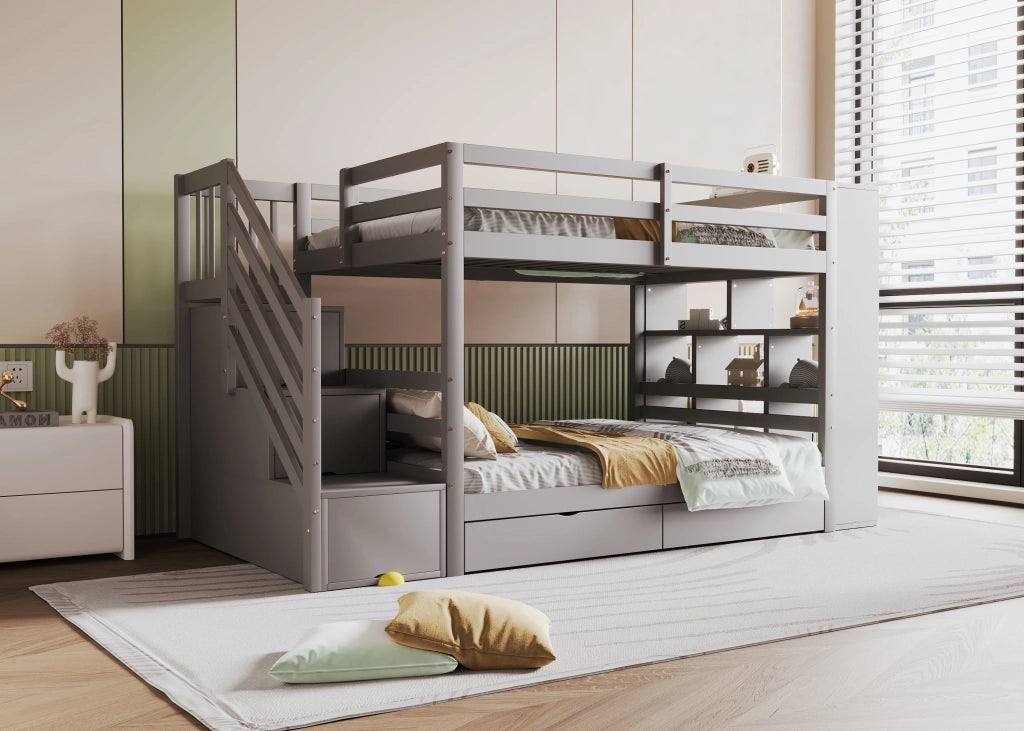 LETTO A CASTELLO 90x200 cm in Legno Grigio con Scala Contenitore e Cassetti