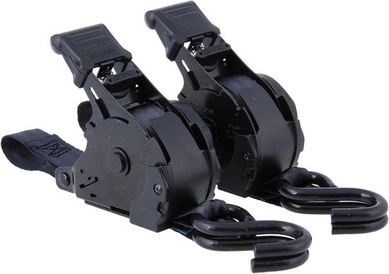 Set di cavi automatici retrattili - 2 pezzi - S-haken - 365 m di lunghezza - 25 mm di larghezza - LC 340 daN - cavi retrattili a rulli - meccanismo di avvolgimento cavi retrattili