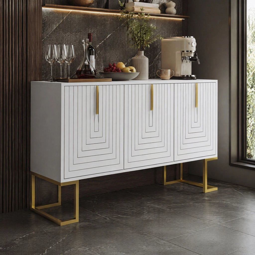Credenza a 3 ante con ripiani regolabili; MDF e metallo; bianco