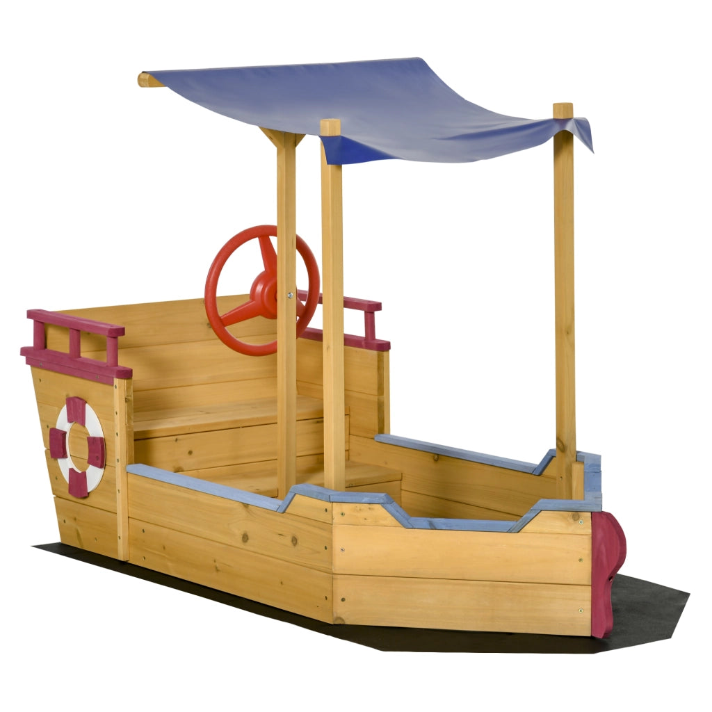 Casetta da giardino per bambini in legno a forma di barca pirata ¨C zephmum ¨C con vela ombreggiante, baule e timone
