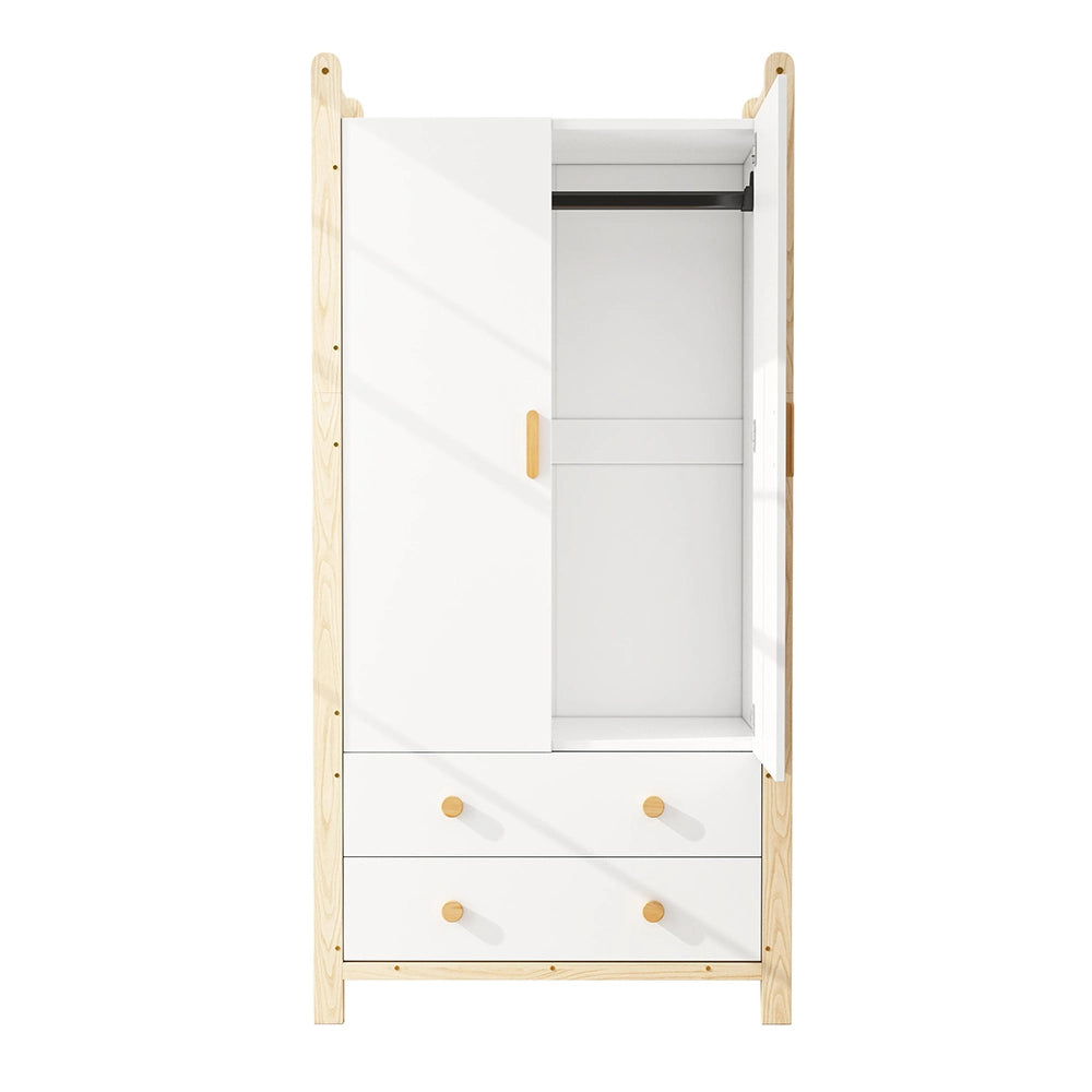Armadio 2 ante 90x45x180 cm - Xylo - con appendiabiti, 2 cassetti, bianco e telaio pino, per camera