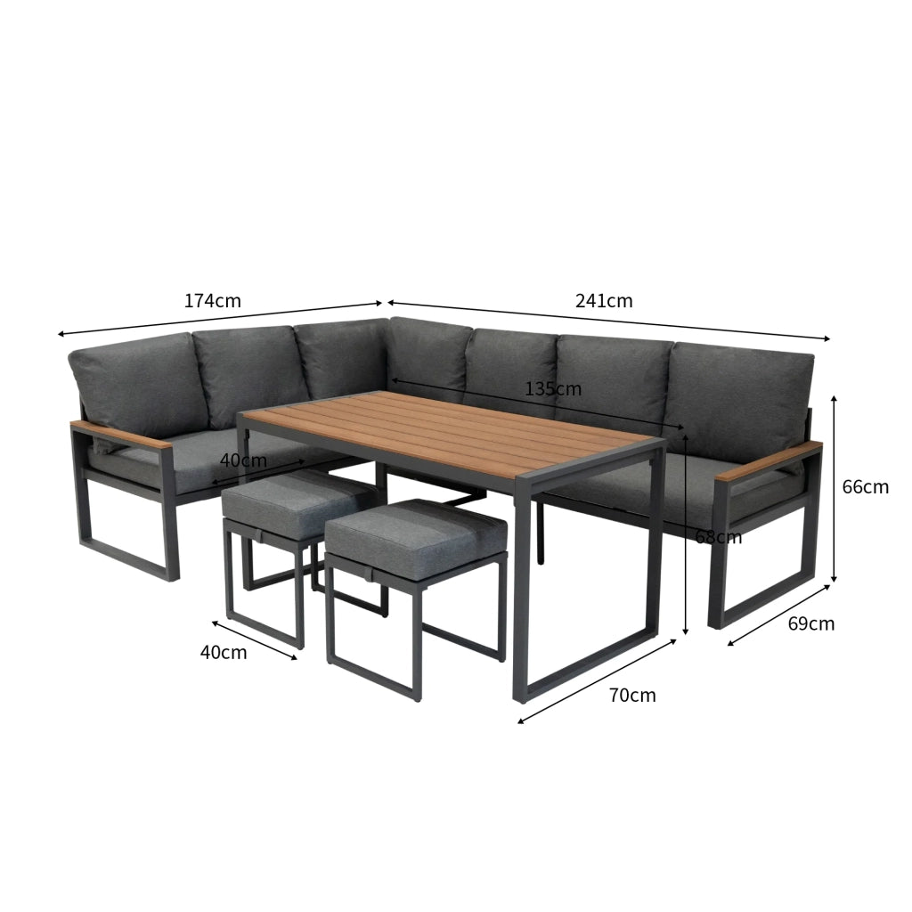Set Mobili da Esterno in Alluminio Divano Angolare Tavolino Sgabelli Effetto Legno