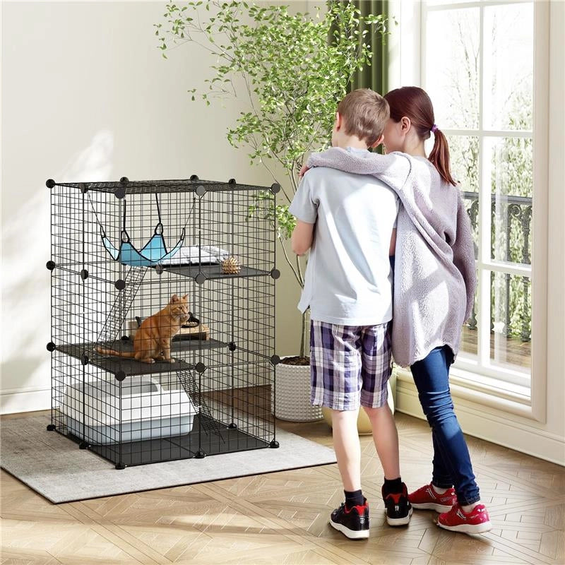 GABBIA PER GATTI RECINTO PERSONALIZZABILE 3 LIVELLI, 105CM, NERO