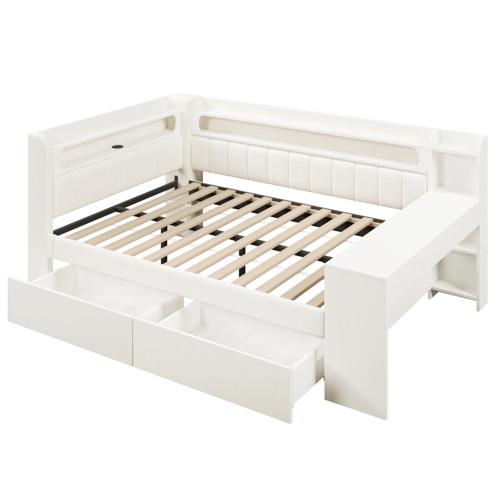 Letto imbottito 140x200 cm con LED; USB; scrivania e 2 cassetti in MDF e compensato bianco