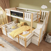 OKWISH Letto a Castello 90×200 cm e 140×200 cm, Letto 3 Posti con Armadio Scala, 2 Cassetti e Lavagna, senza Materasso, Bianco Naturale