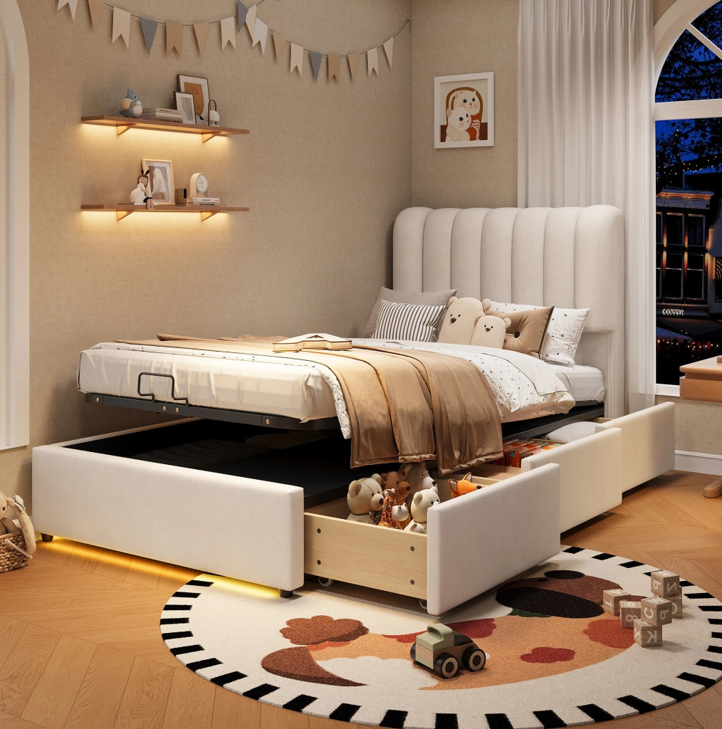 Letto imbottito con contenitore, 3 cassetti e LED 90x200 cm beige