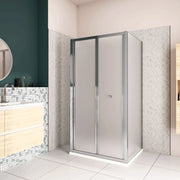 185cm Box Doccia a Tre Lati Porta a Soffietto 70cm con Doppia Parete Fissa 70x70cm in Vetro Temperato Satinato Opaco 5 mm Profilo Cromato Lucido