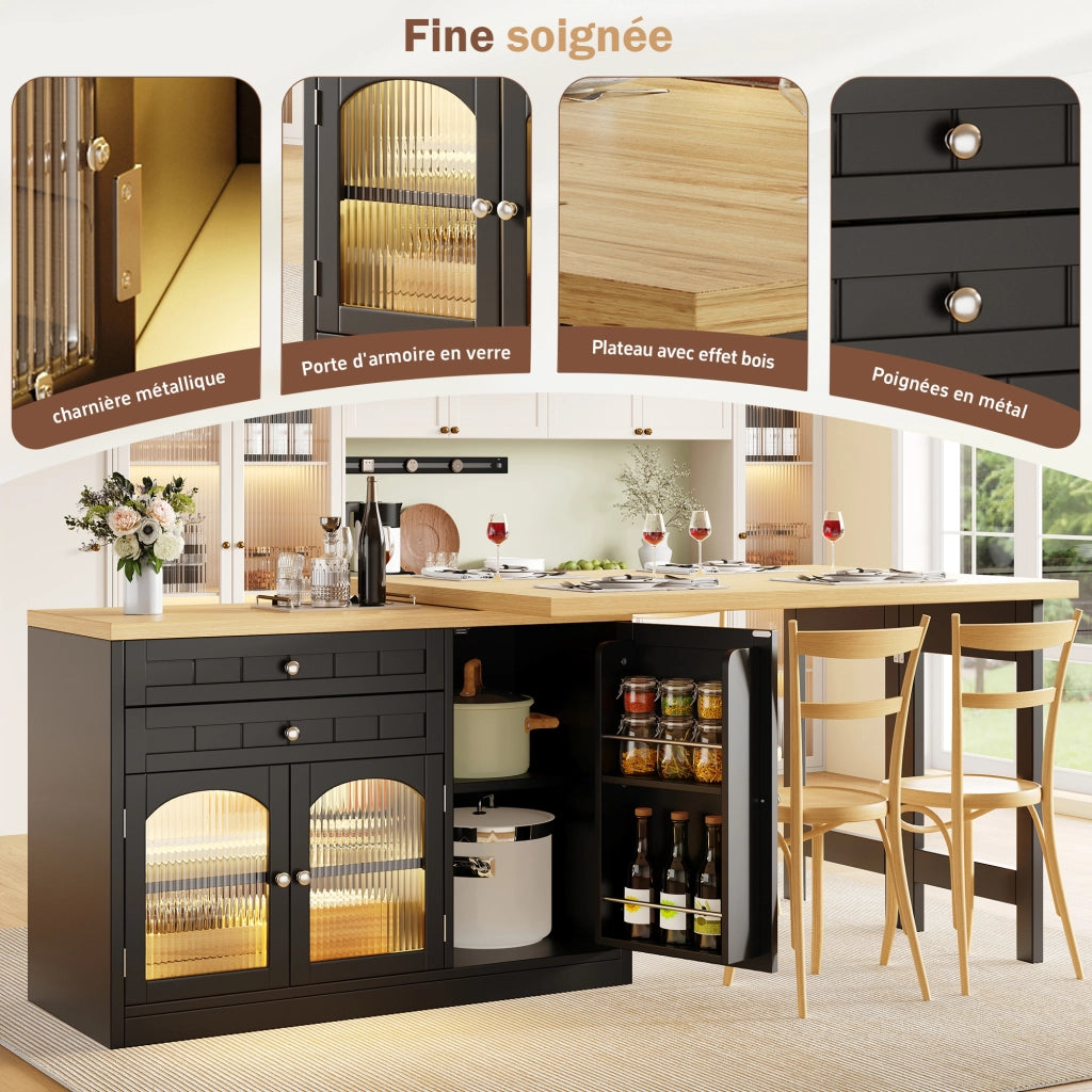 Mobile cucina multifunzionale con piano girevole ed estensibile; 2 cassetti; ante in vetro e ripiani; per sala da pranzo; nero; 120 × 40 × 73.5 cm